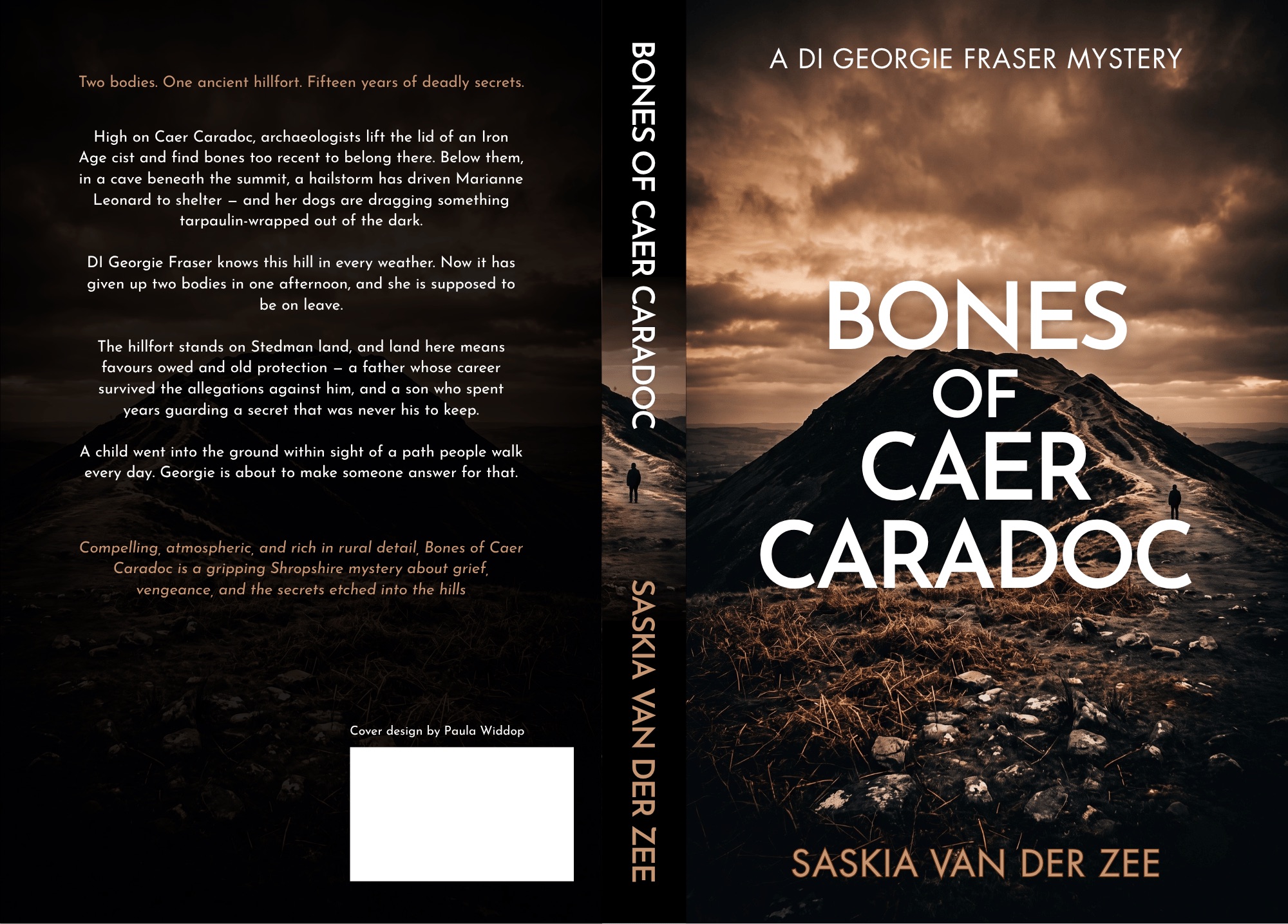 Bones of Caer Caradoc full wraparound cover: the back-cover blurb, the spine, and the front cover showing Caer Caradoc hillfort under a stormy amber sky with a lone figure on the summit path