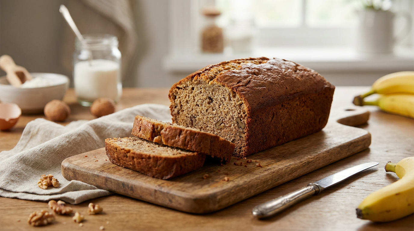 Georgie's Favourite Banana Bread, a golden loaf on a board